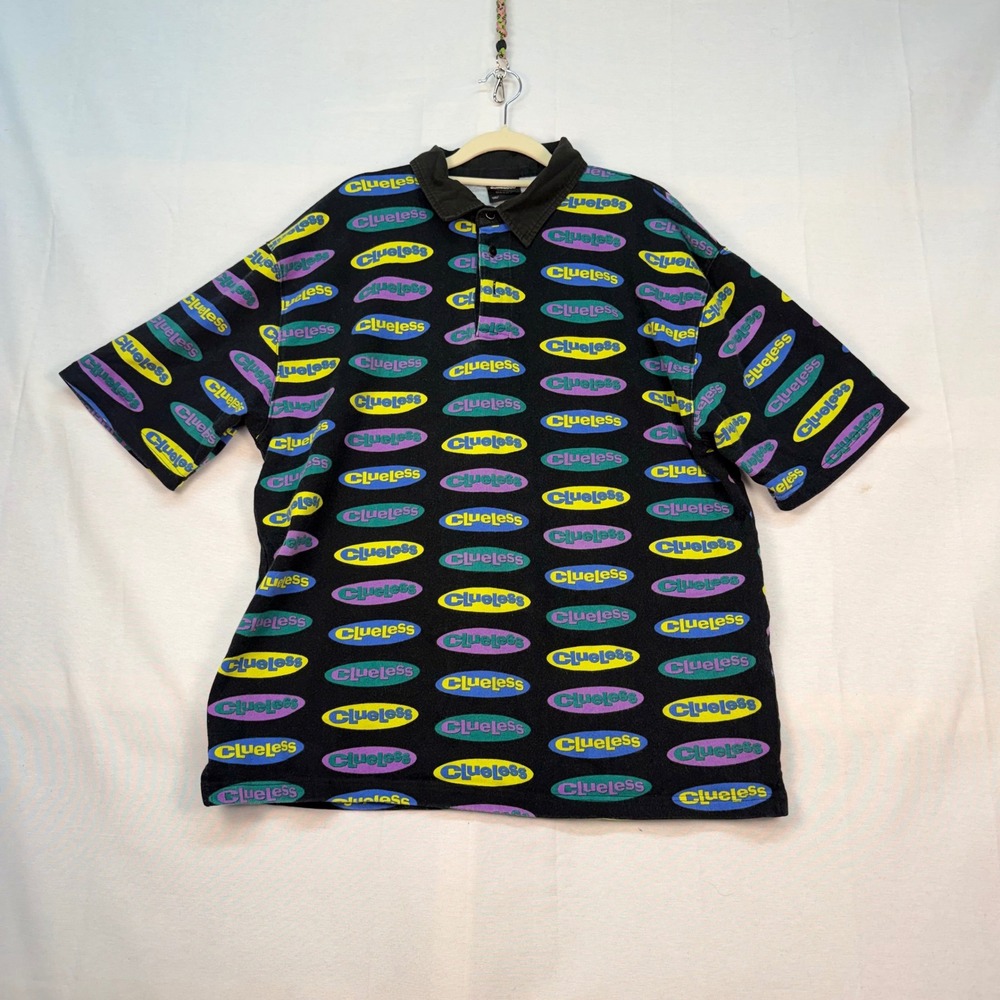 Dumbgood Clueless Movie All Over Print Polo Shirt Mens XL Black 90s Logo Promo